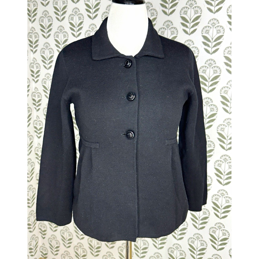 J.CREW Black Wool Button Front Collared Pocket Peplum Short Sweater Jacket L Y2K